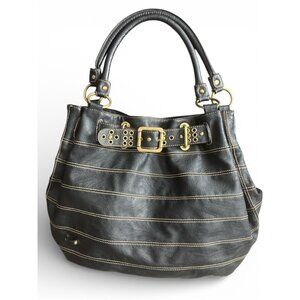 Black Vegan Leather Shoulder Bag, Brass Buckle Detail, Contrast Stitching, Retro